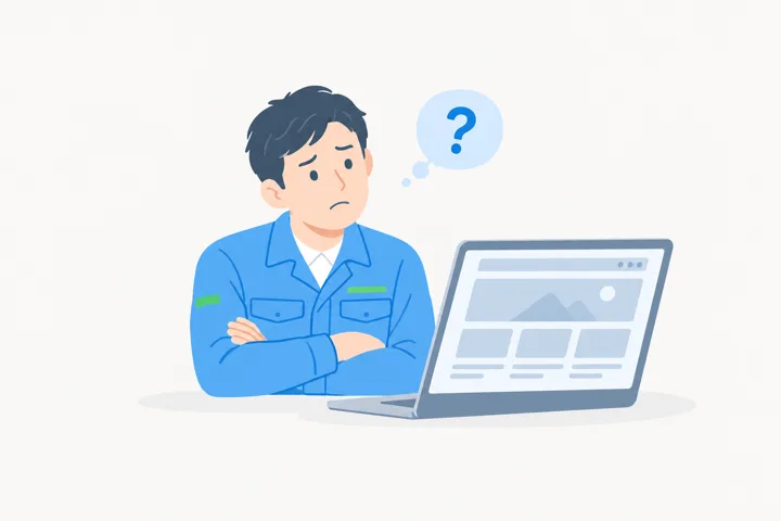 ホームページのことで困っている店主のイラスト